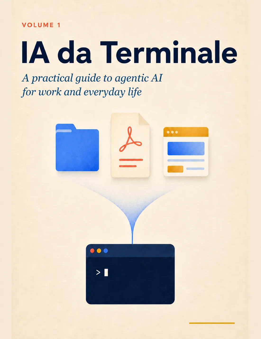 Cover of the book IA da Terminale: a folder, a PDF and a browser window converging inside a terminal window.