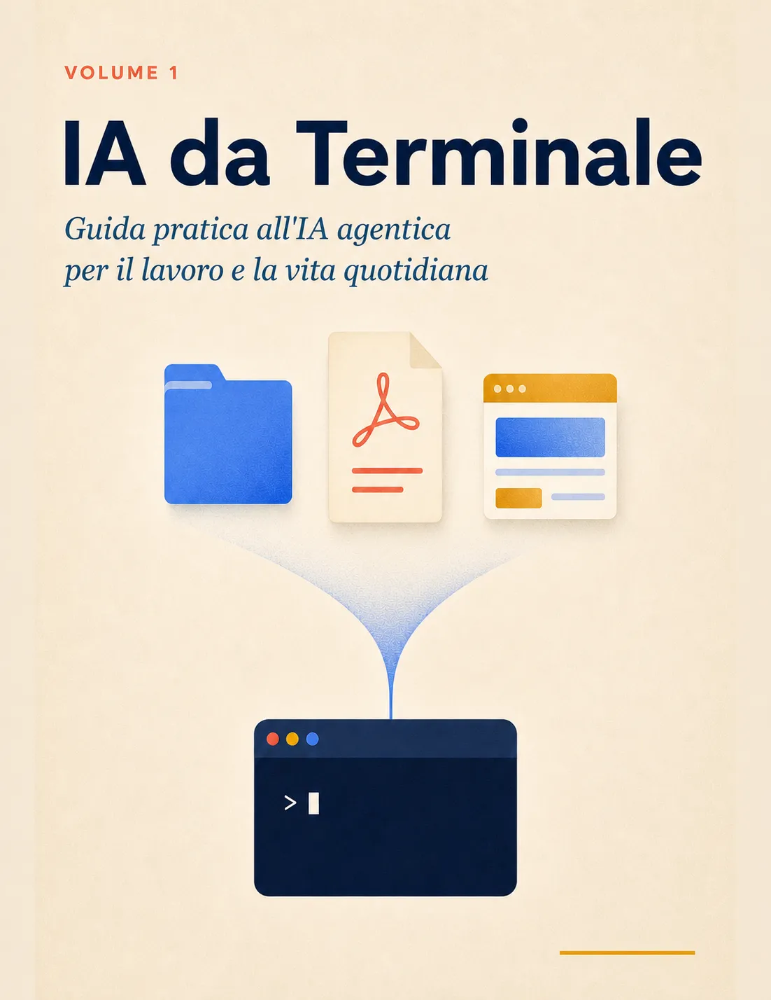 Copertina del libro IA da Terminale: una cartella, un PDF e una finestra di browser convergono dentro una finestra di terminale.