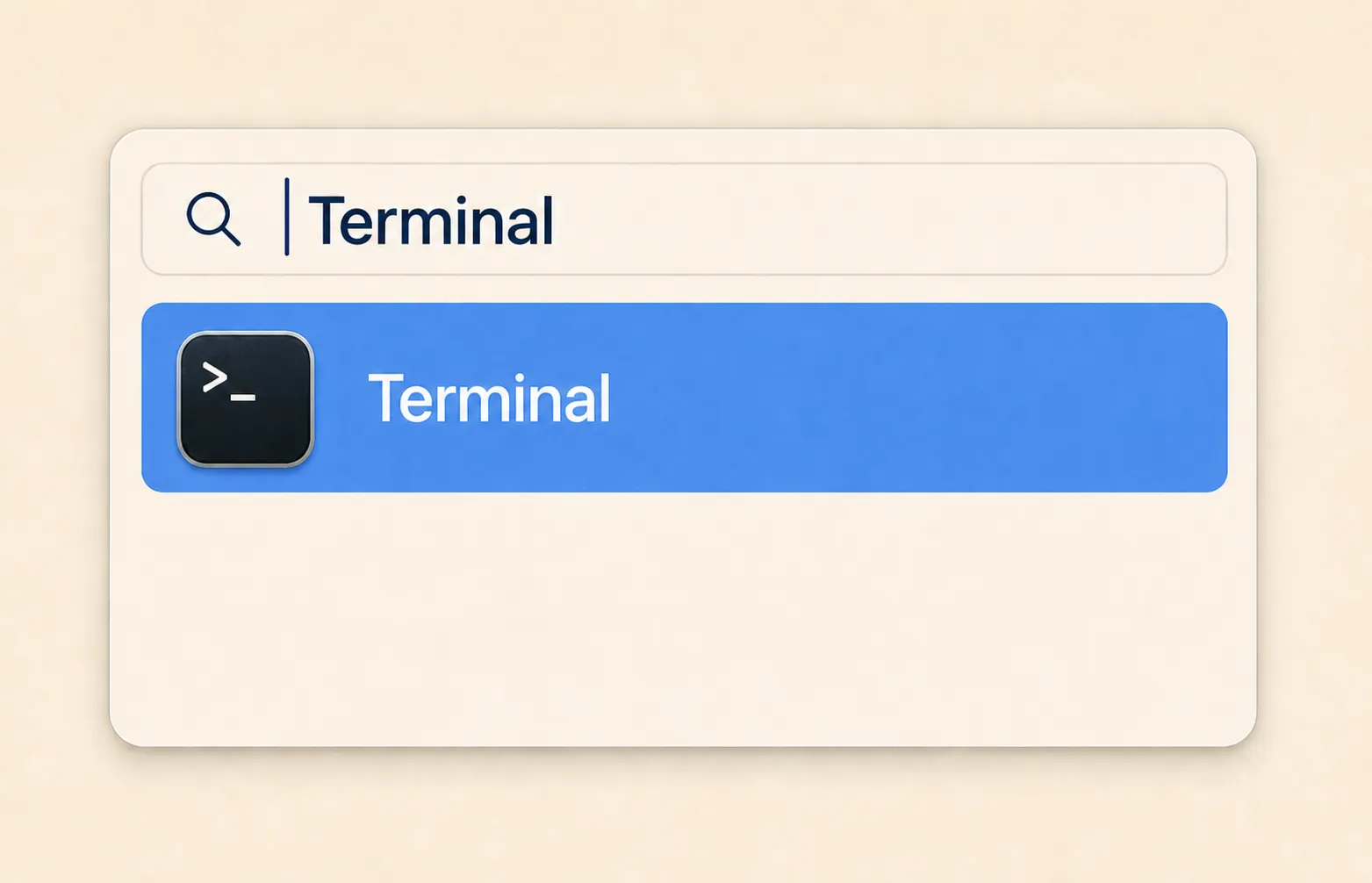 Spotlight search on macOS, open, with “Terminal” typed in and the first result highlighted. A small, functional image: it only exists to remove the last doubt for anyone who has never opened it.