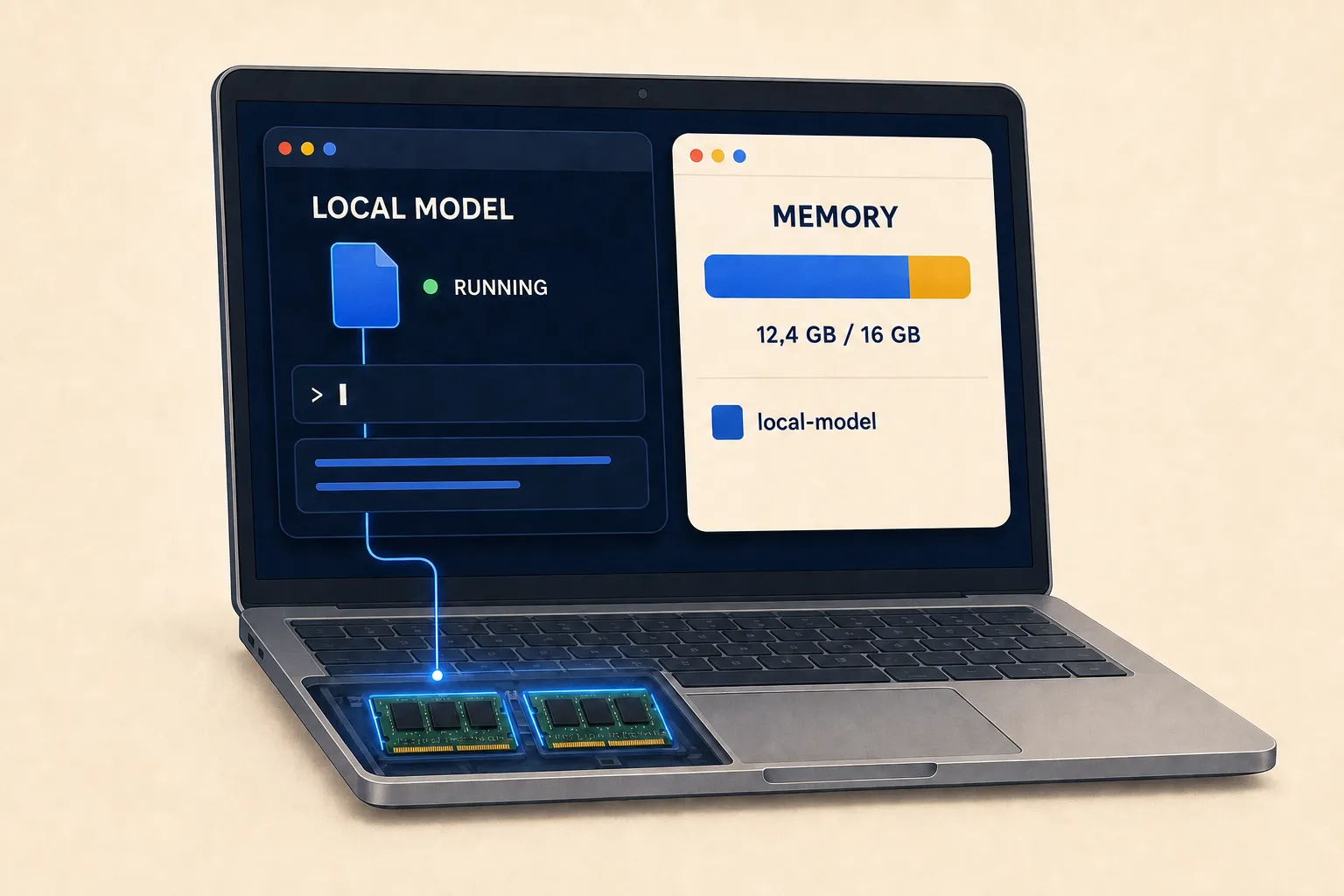 An open model running on a laptop, with the system monitor beside it showing memory use. It exists to show one thing only: it is running in there, not somewhere out on the network.