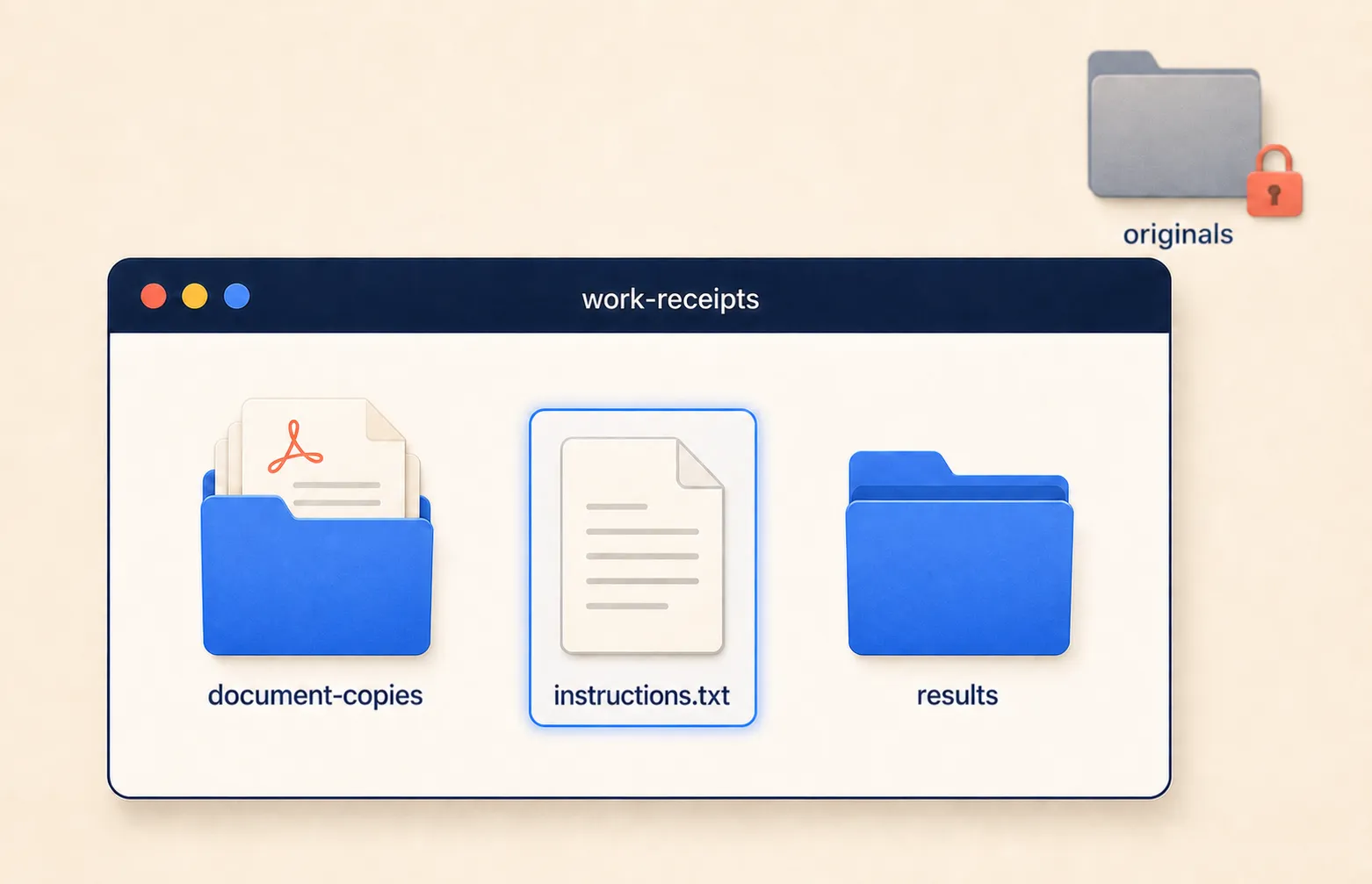 The prepared ground, in the same style as figure 1.2: a window open on the working folder, with three things in it and nothing else — the subfolder with the copy of the documents, the instructions.txt file highlighted, and the empty folder where the results will go. In the background, barely visible, the folder of originals, which stays outside the fence.