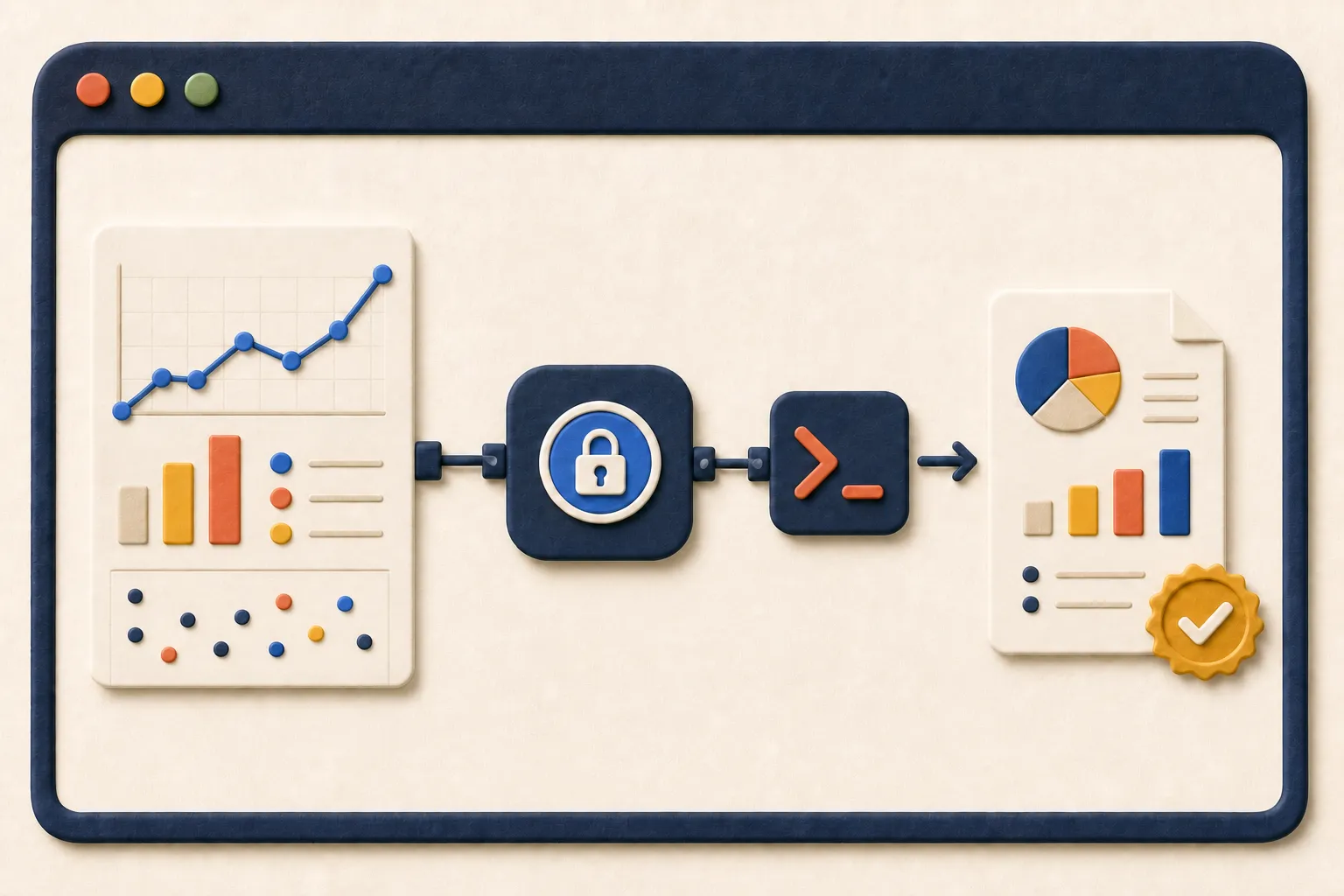 I dati di Analytics attraversano un collegamento protetto verso un terminale, che produce un report verificato con grafici.