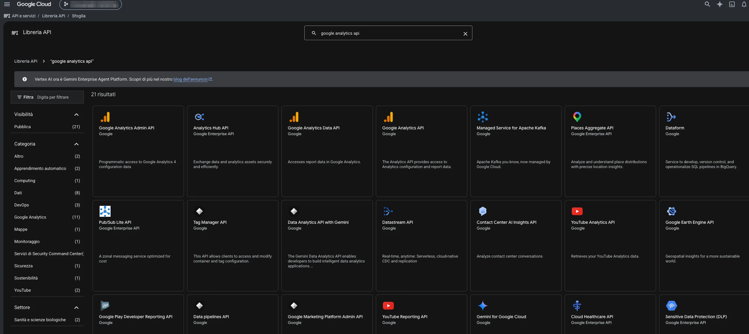 I risultati della ricerca, con Google Analytics Admin API e Google Analytics Data API fra i primi.