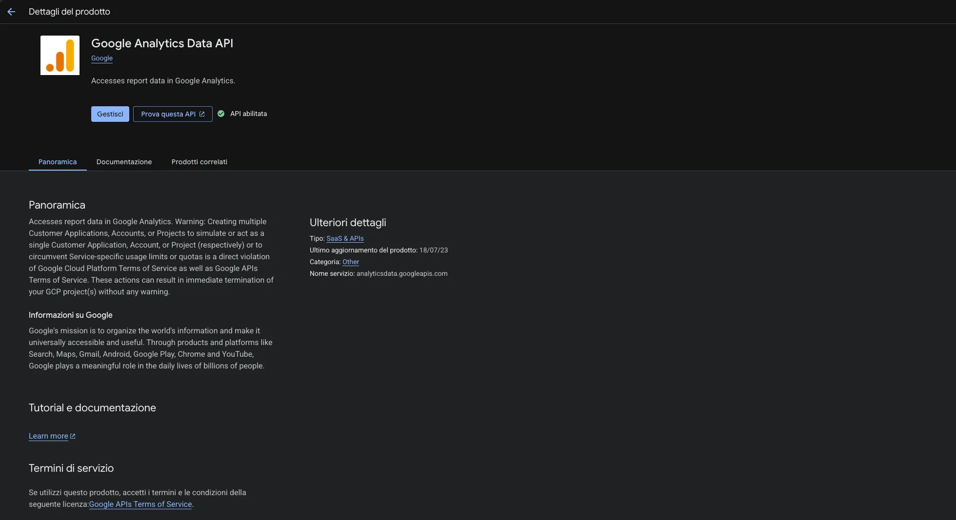 La scheda della Google Analytics Data API con la scritta API abilitata e la spunta verde.