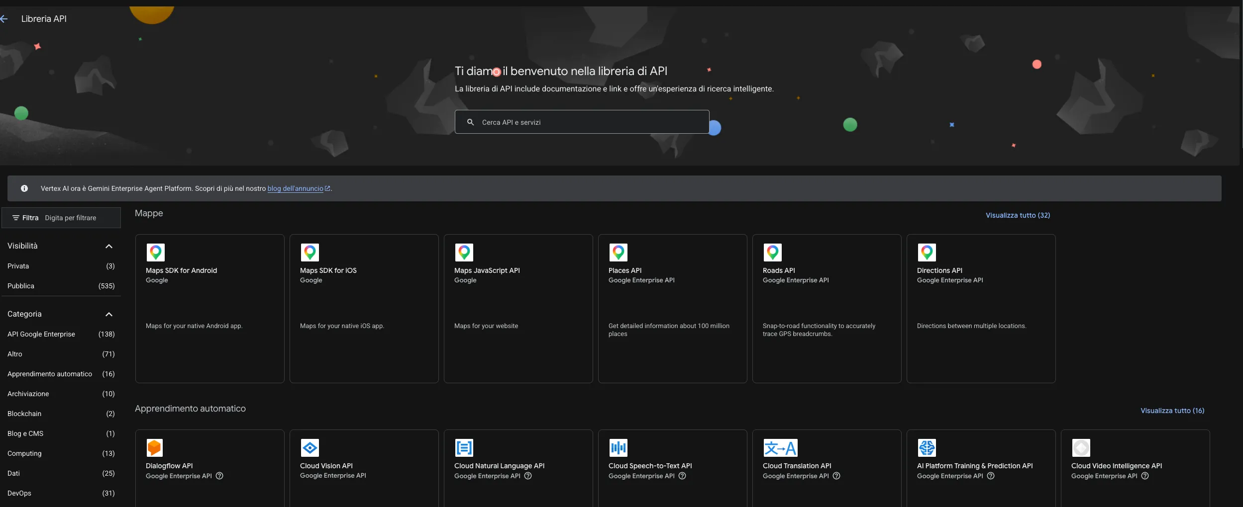 La libreria delle API di Google Cloud, con il campo di ricerca al centro.