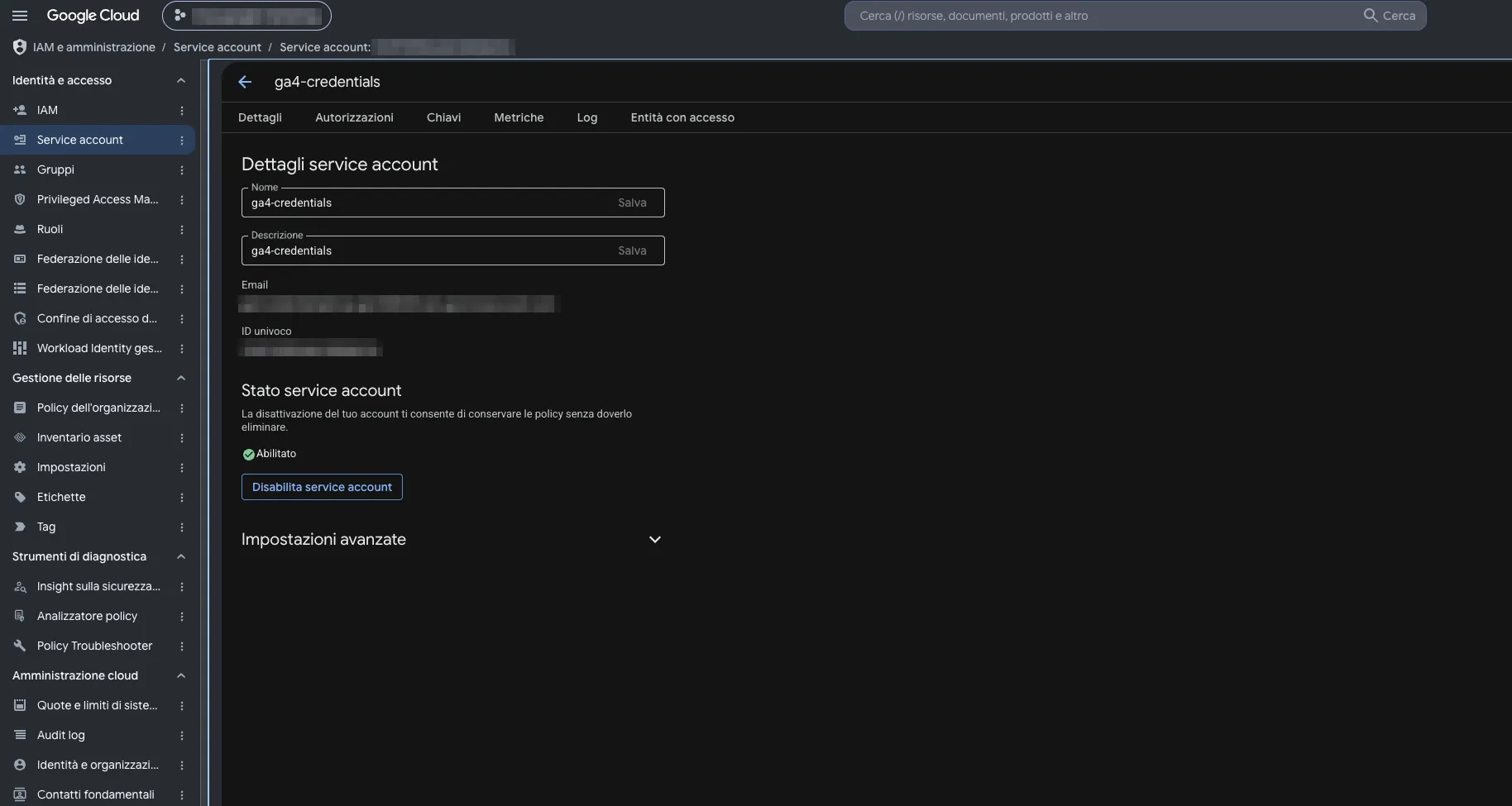 La scheda di un account di servizio in Google Cloud: nome, descrizione, email e stato Abilitato.