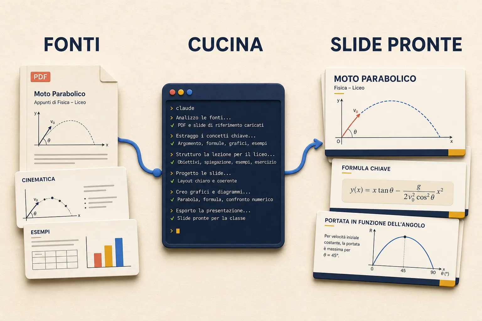 Dalle fonti alla presentazione: il terminale trasforma i materiali in slide pronte da controllare.