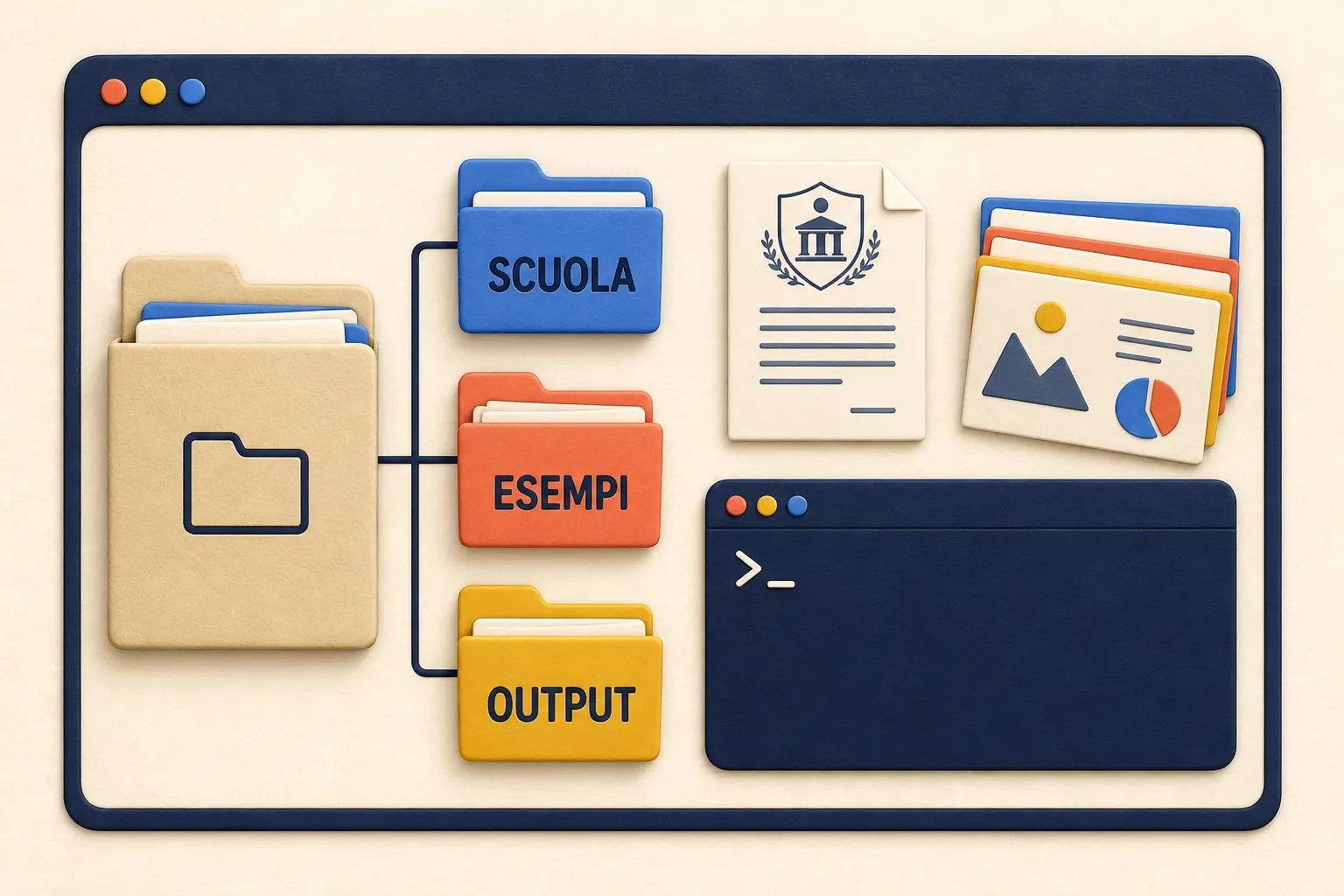 Una cartella di progetto con fonti della scuola, esempi, output e terminale.